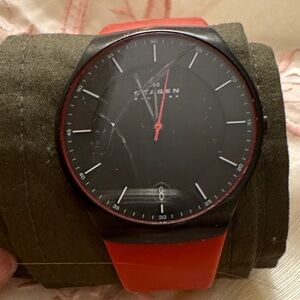 Skagen Black Dial Watch with Red Accents and Red Strap
